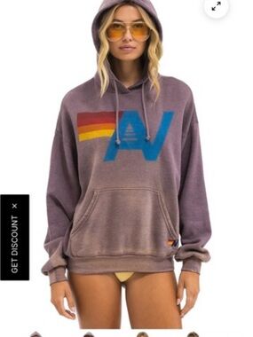 Aviator Nation Purple Hoodie with Blue AV Logo and Red-Yellow Stripe